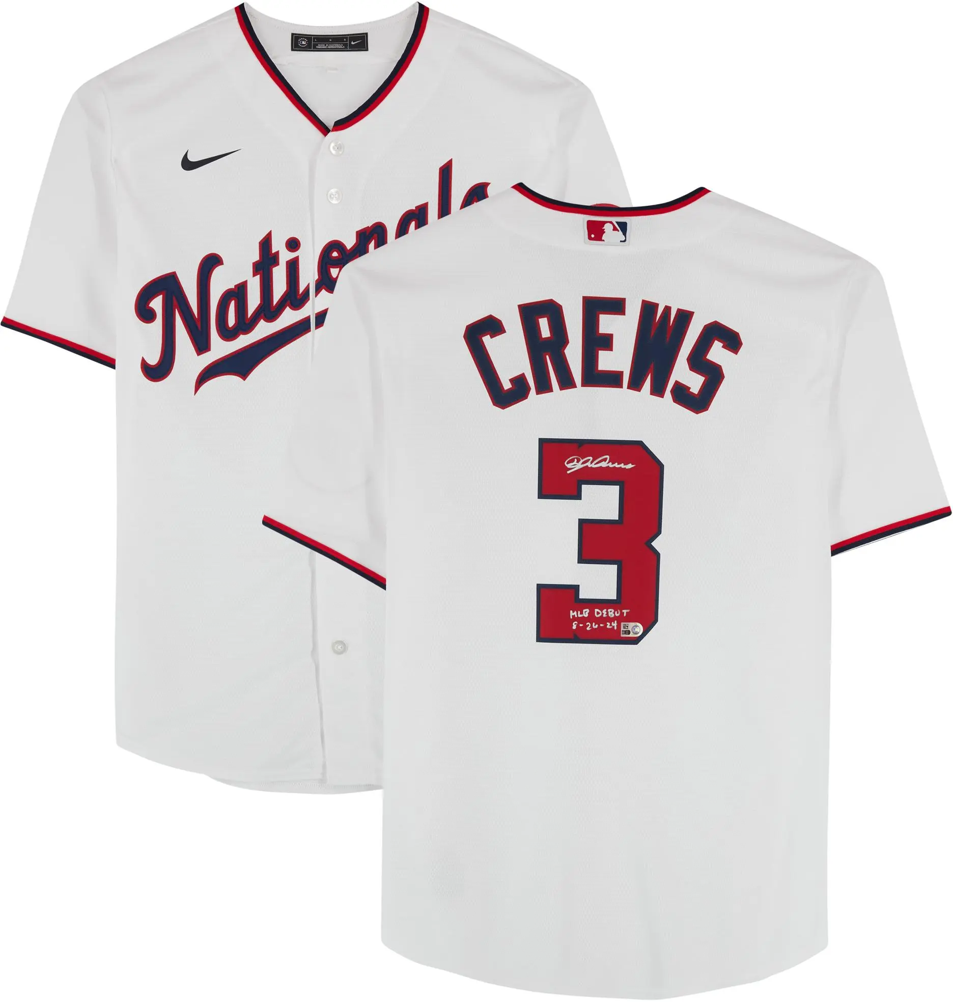 Dylan Crews Washington Nationals Autographed Nike White Replica Jersey with "MLB Debut 8/26/24" Inscription - Fanatics Authentic Certified