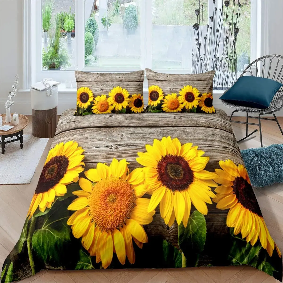 Feelyou Decorative Duvet Cover - Sunflower Botanical Floral Print, Yellow Blossom & Wooden Scenes Design, Breathable Soft Microfiber All-Seasons Bedroom Bedding Set (No Comforter), Microfiber Bed Set