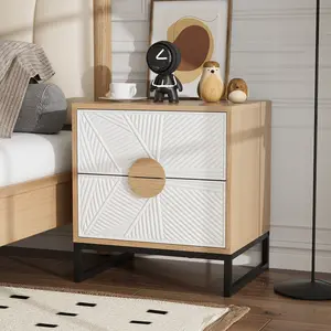 VOWNER 20.8''H Carved Modern Nightstand with 2 drawer, Round Handle, Beside Table End Table for Living Room, Bedroom