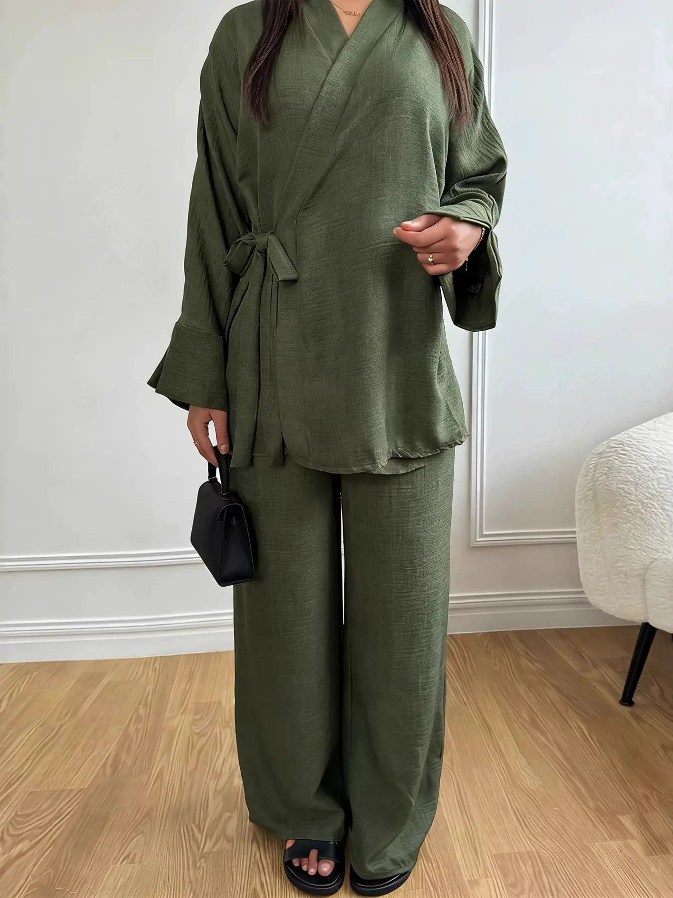 Women's Cross-Border Kimono Set, Loose Long Sleeve Top with Wide Leg Pants, Casual Elegant Fashion Two-Piece, Ideal for Everyday and Daily Wear and Commuting, Clothes