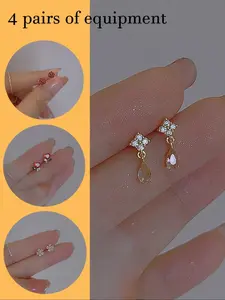 4-Piece Starry Ear Studs Set, Brass Material with Cubic Zirconia, Stylish Elegant Hoop Earrings for Daily Parties, Perfect Gift for Valentine's Day