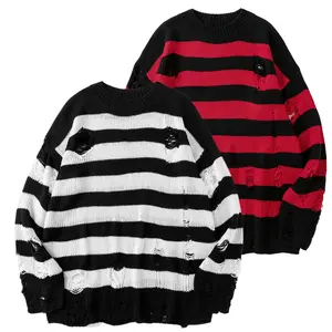 Men's Oversized Distressed Striped Knitwear Pullover - Casual Retro High Street Long Sleeve Tops, Versatile for Jeans Pairing