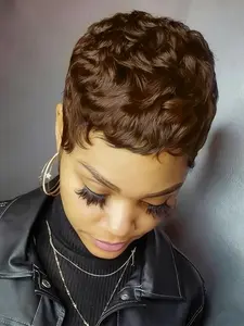 Women's Short Burgundy Natural Straight Layered Pixie Wig, Daily Party Cosplay Use, Machine Made Human Hair Wigs, Straight Bob Wigs, Stylist Friendly Wig