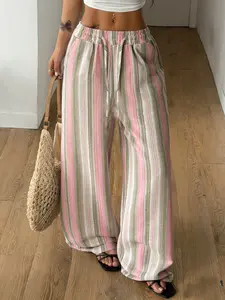 Women's High Waist Straight Leg Pants, Casual High Waisted Non-Elastic Striped Long Trousers, Casual, Everyday & Formal Wear, Simple Elegant Bottoms