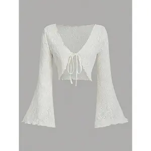 Women’s lace-trimmed tie-neck cropped cardigan sweater, casual long-sleeve open-front crochet cardigan sweater, all-season women’s wear, topGARMENTARY