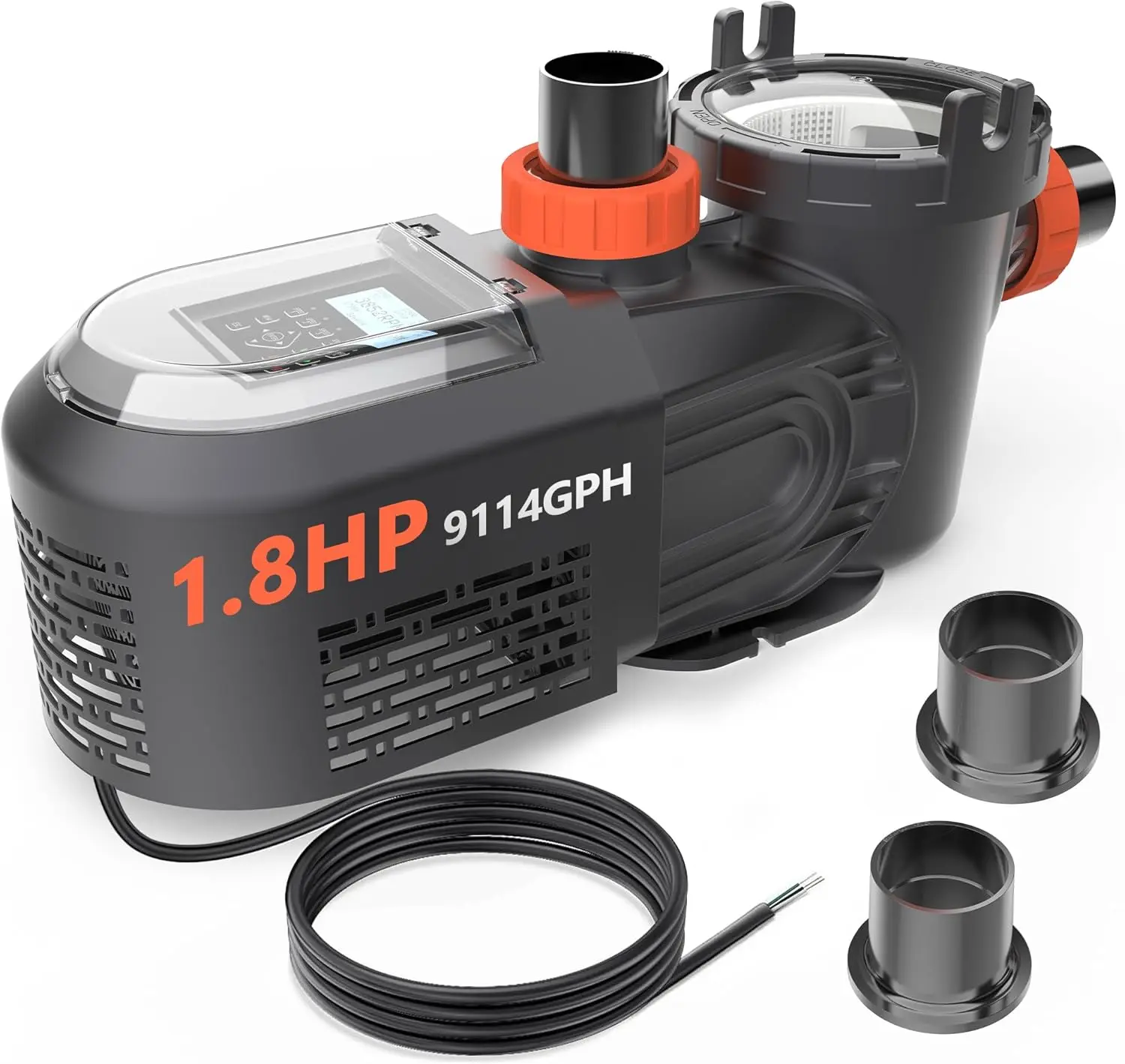 VARMINPOOL 1.8 HP Variable Speed Pool Pump - 220V, 9114GPH, 2.5" Inlet/Outlet, Programmable Timer, Low Noise, Large Filter Basket, Rugged Energy Efficient, 27.2"l x 9.06"w x 13.72"h, 32.19 lbs, IPX5 Waterproof, Protective Rain Shell for Inground Pools