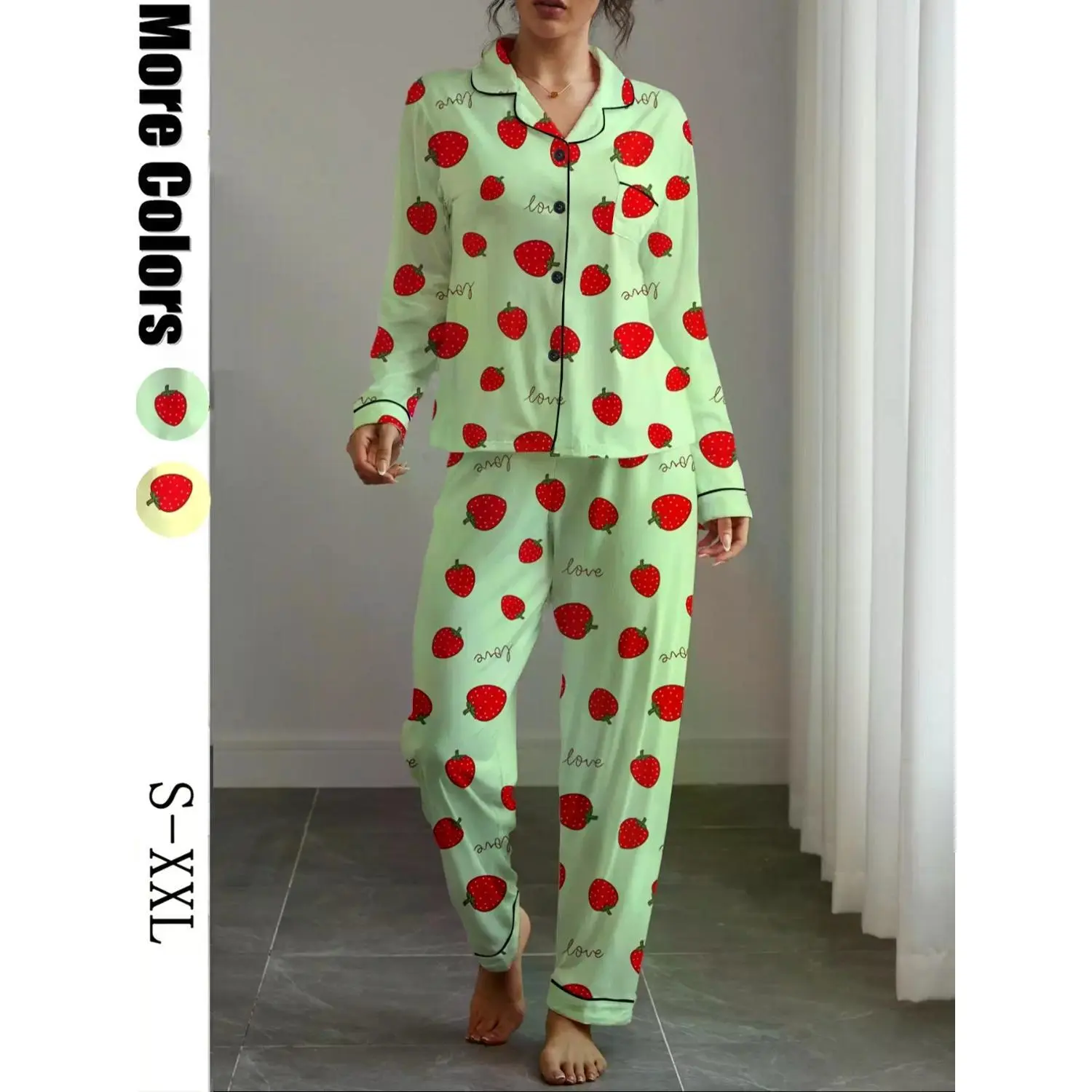 Women's Fall Winter 2-Piece Long Sleeve Sleepwear Loungewear Set, Matching Pajama Set, Strawberry Print, Elegant Casual, Comfortable Lapel Top & Wide Leg Pants