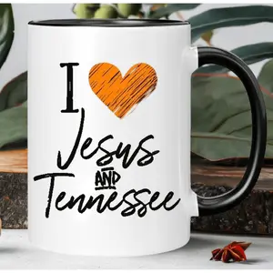 1pc, 11oz, I Love Jesus and Tennessee Ceramic Coffee Mug - Reusable, Insulated Travel Mug with Heart Design, Hand-Wash Only - Perfect Gift for Coffee Lovers, Men & Women, Black & White, Coffee Bar Accessories