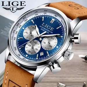 LIGE Men's Casual Sports Watch, Leather Strap, 30M Water Resistant, Luminous, 24-Hour Subdial Display, with Calendar. Men's Round Dial Quartz Watch