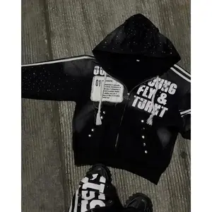 Y2k Vintage Sequins Rhinestone Embroidery Zipper Hoodie Men Women Punk Gothic Stripe Patchwork Trendy Sweatshirt Hoodies