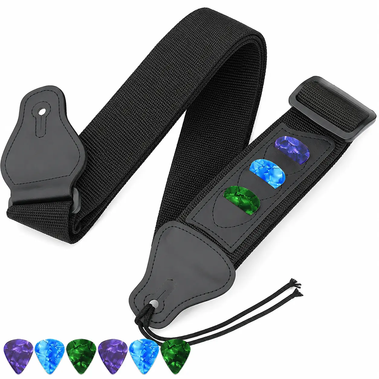 Guitar Strap with 3 Pick Holders | 6 Picks & Plectrum Case Included | Adjustable for Acoustic Electric Guitar (Black)