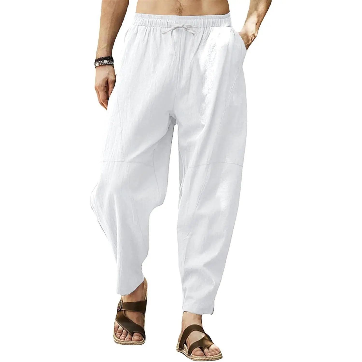 PASLTER  Mens Linen Harem Pants Casual Loose Fit Beach Drawstring Elastic Waist Yoga Trousers with Pockets Menswear Beige