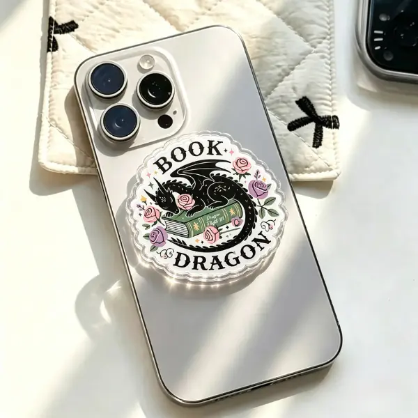 Book Dragon MagSafe Phone Grip, Cute Fantasy Black Dragon Sleeping on Book PopSocket, Aesthetic Literary Floral Accessory, BookTok Reader Gift