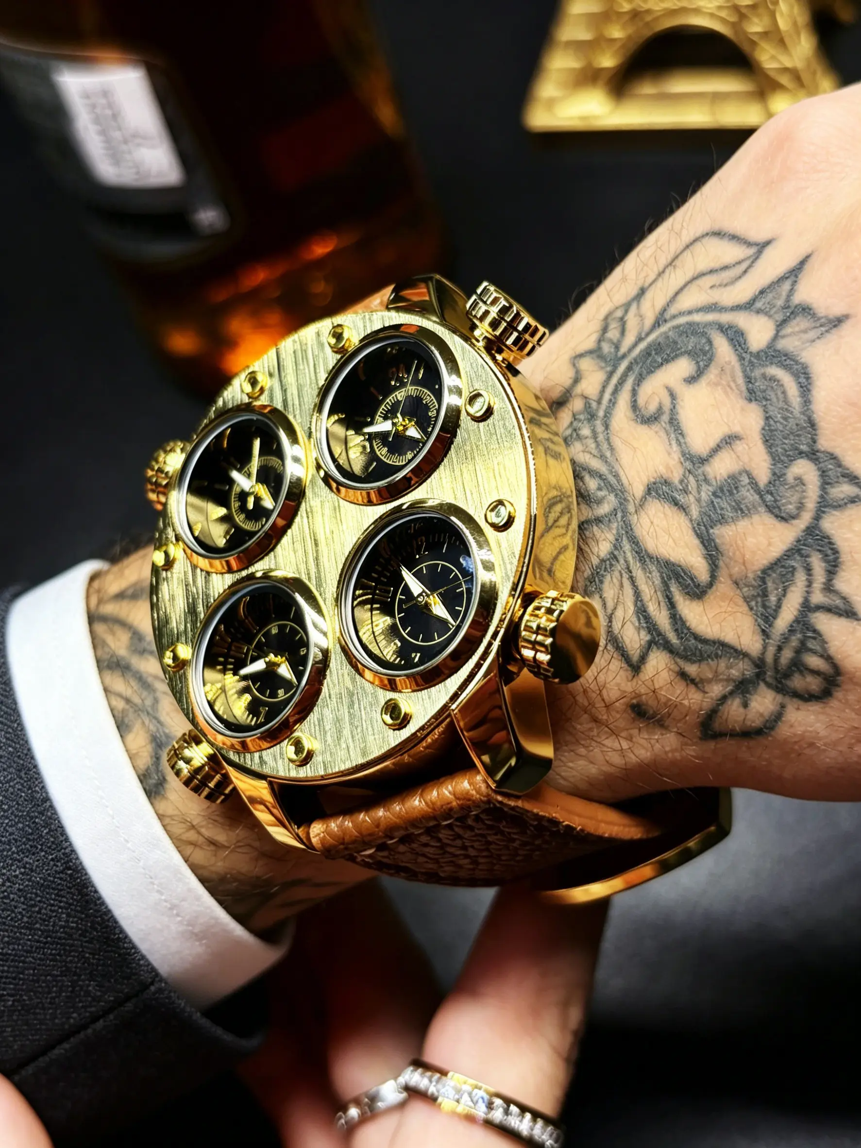 Trendy Personalized Watch, Four-Dial Multi-Time Zone, Leather Strap, Fashionable Men's Watch, Quartz Analog Wristwatch, All Seasons, Alloy Case, Quartz Movement, Analog Quartz Watches