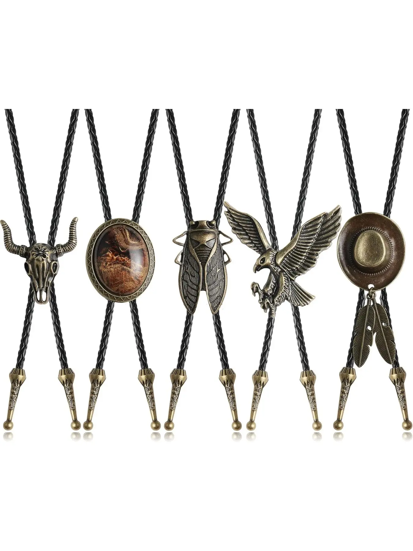 5 Pcs Bolo Neck Tie Set Western Cowboy & Vintage Multi-Design (Bull Skull, Eagle, Cowboy Hat) Adjustable Braided Leather Rope For Men Women Daily Wear Party Gift Casual Boho Bohemian Tie Adjustable Tie Band