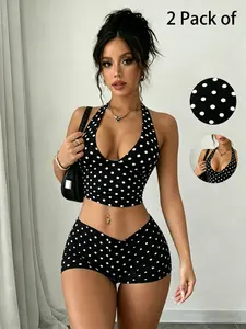 Women's 2-Piece Set Polka Dot Halter Top + High-Waisted Shorts, Womenswear, Butt Lifting, Breathable Four-Way Stretch, Retro Chic Style, in Europe and Usa