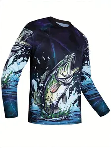 Men's 3D Fish Print Long Sleeve T-Shirt, Casual Round Neck, Vibrant Ocean Pattern, Comfortable Polyester Fabric, Blue Color