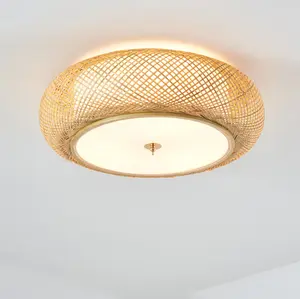 Aeyee Bamboo Flush Mount Ceiling Light Handwoven Rattan Light Fixture, 3 Lights Boho Ceiling Lamp for Bedroom, Entryway, Foyer