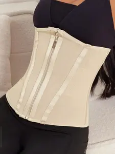 1 Count Women's Pink Color Boned Waist Cincher, Front Zipper & Hooks Closure Firm Control Shapewear Belt, Breathable Smooth Fabric Waist Trainer Comfortable All Day Support, Ideal For Daily Wear, Fitness, Party