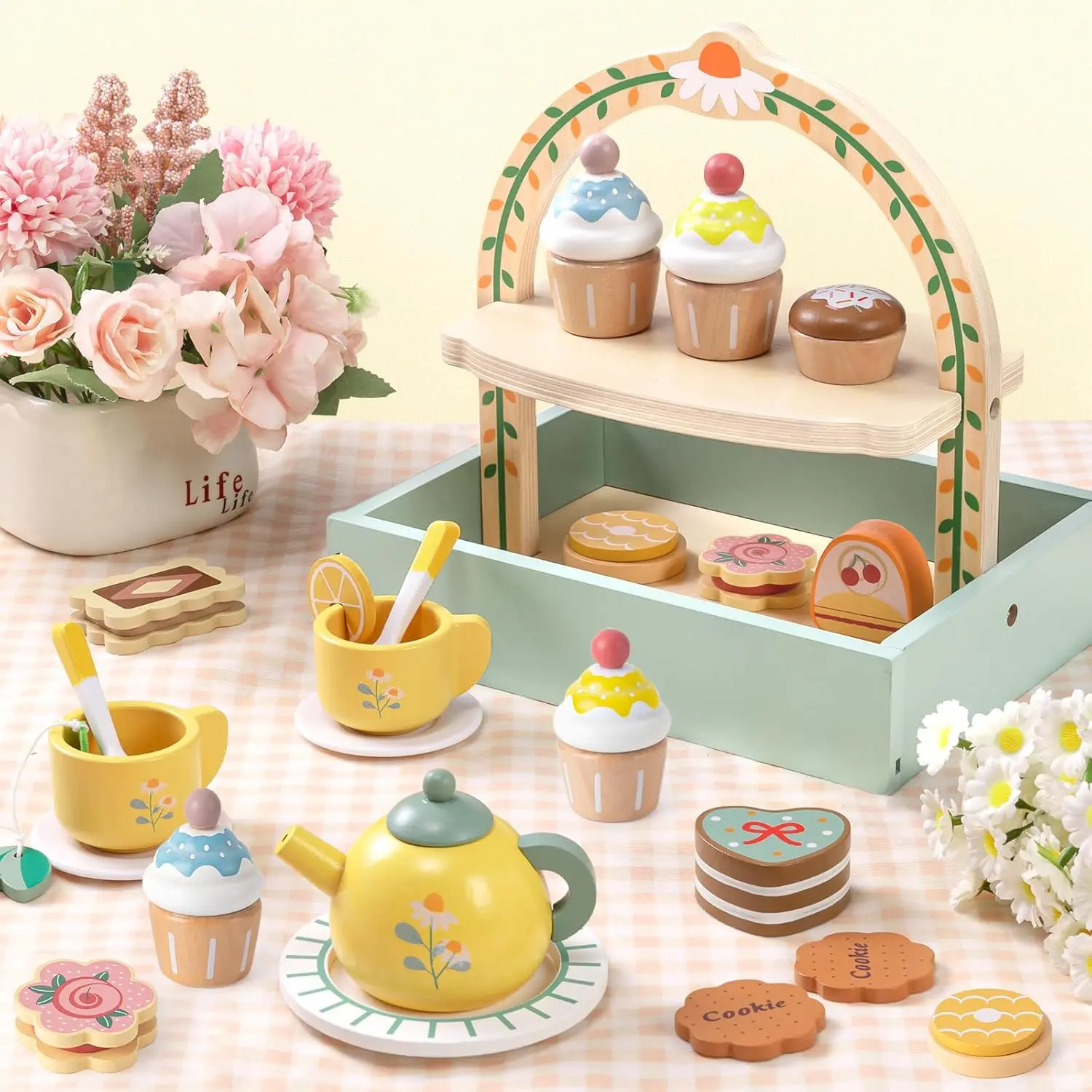 23-Piece Wooden Toddler Tea Party Set - Play Kitchen Accessories with 1 Large Cake Stand, 1 Tea Bag, Storage, Natural Colors, Smooth Edges, Learning Development Toy, Easy-to-Assemble Birthday Gift for 3-6 Year Old Girls, 3+ Years