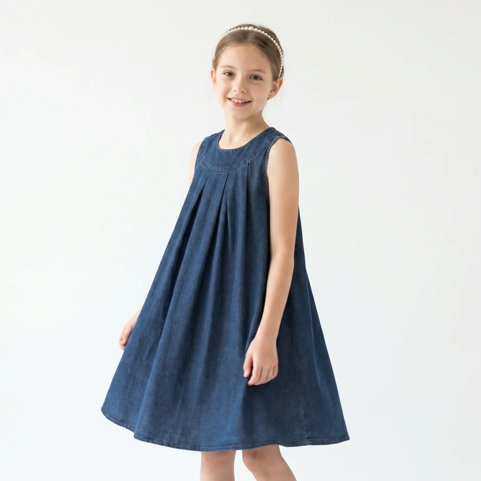 Girls' A-Line Denim Dress in Breathable Cotton, Sleeveless Midi Length with Pleated Front, Casual Summer Outfit for School, Ages 7-16, School Outfit Inspo, Sleeveless Airflow, Soft Washed, Sweet Look, Vintage Touch