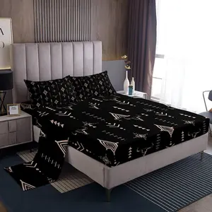 Western Bull Skull Bedding Set Kids Boho Ethnic Horns Sheets Set Adult Black Brown Tribal Symbol Mysterious Aztec Bed Sheets Set,