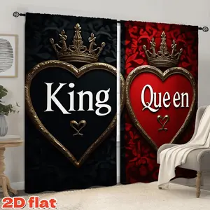 2D Flat 2Pcs King Queen Curtains, Romantic Gold Heart Crown Pattern Drapes, Semi Sunshade Polyester Fiber, Pole Pocket Style, for Home Living Room Bedroom Balcony Kitchen Study Window Decoration, Anti Privacy Decor.