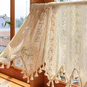 1pc American Style Macrame Lace Small Window Valance Curtain with Fringe, Half Curtain for Kitchen Décor and Room Partition