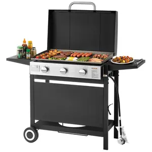 VEVOR G2137W Triple-Head 3-Burner Gas Griddle, Cast Iron Oiled Surface Steel Flat Top Grill with Wheels, Lid, 3x11000 BTU, Pulse Ignition, Removable Top for Outdoor Pan-Frying & BBQ