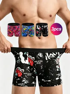 3Pcs Men's Long Leg Boxer Briefs, Streetwear Graffiti Cartoon Print Breathable Underwear, Trendy Hip Hop Casual Comfortable Boxers for Daily Wear, Fashionable Colorful Stretch Underpants for Men