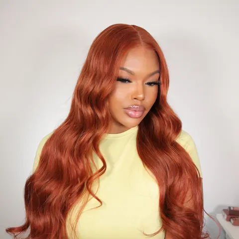 Arabella 13x6 3-Go Dark Copper Ginger Glueless Frontal Wig, Loose Body Wave 100% Human Hair Wig with Drawstring Fit for Females, Glueless Frontal Wigs