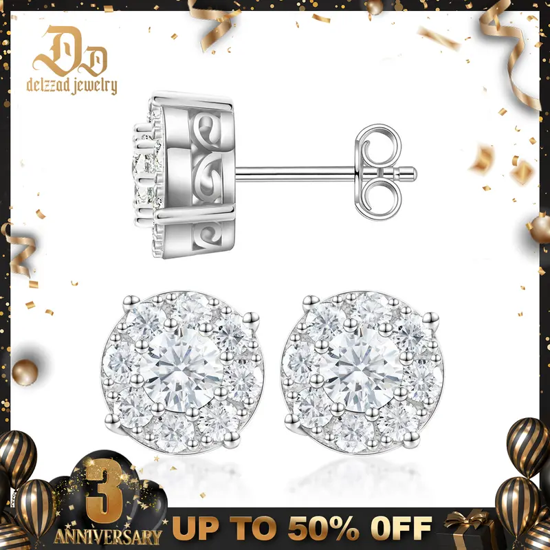 Delzzad Round Cluster Stud Earring Lab-Created Moissanite S925 Sterling Silver Perfect Birthday Mother’s Day Christmas Gift for Men Women Wedding Set