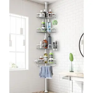 Corner Shower  Tension Pole 4 Tier Adjustable Stainless Steel Shower Shelf for Inside Shower Bathtub Shampoo,Standing Bathroom Organizer Shelves with 39 to 113 inch Height
