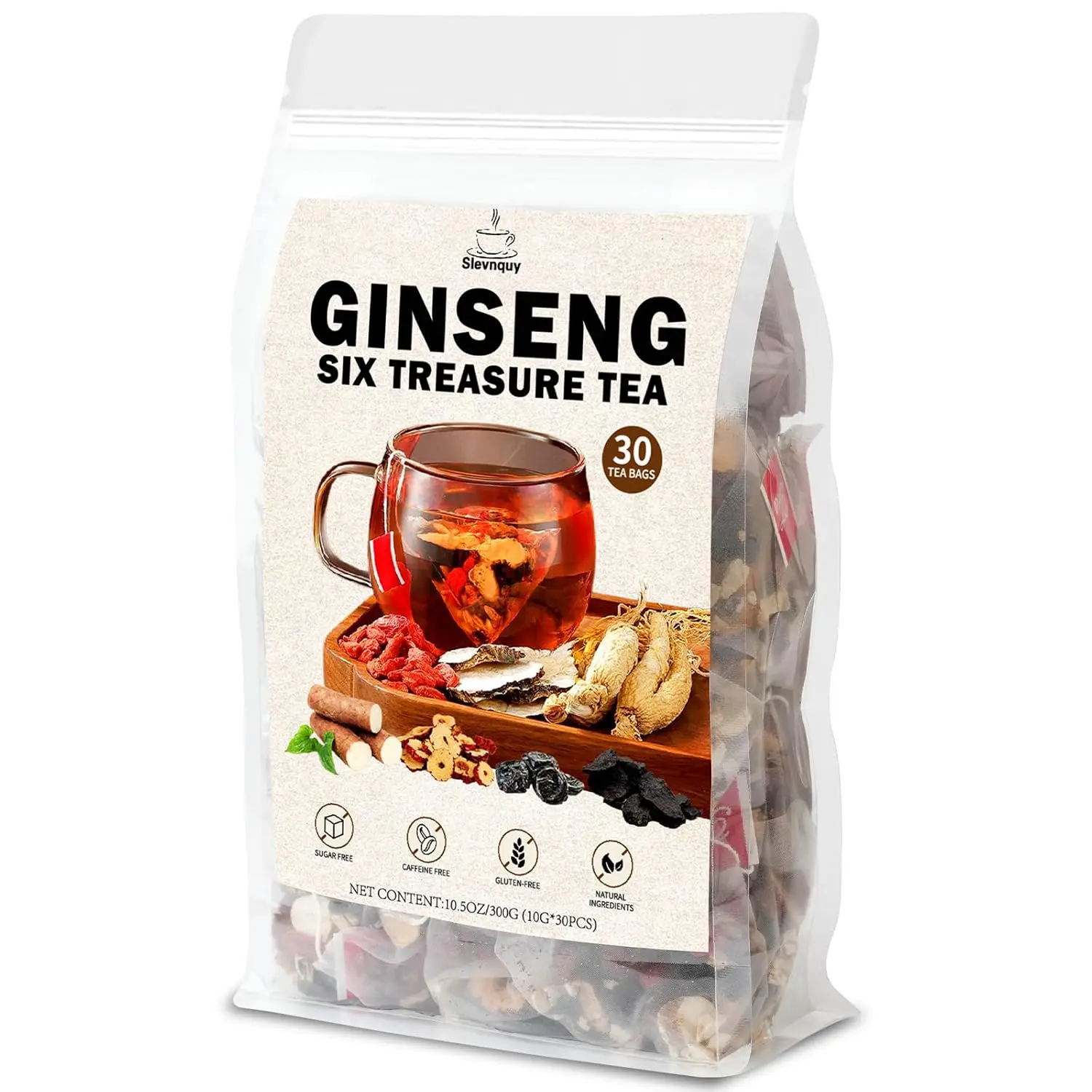 Ginseng Six Treasures Herbal Tea Bags, Traditional 7-Herb Botanical Blend with Goji Berry, Red Dates & Maca, Caffeine-Free Daily Wellness Tea for Men & Women, 30 Tea Bags (10g Each, 300g)