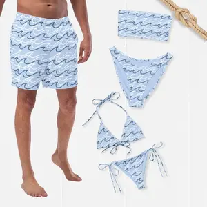 Matching Sea Waves Couples Swimsuits: His and Hers Honeymoon Beachwear Matching Couple Swimwear Set