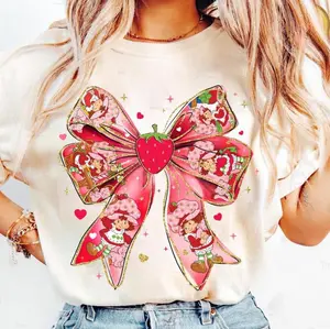 Cute Strawberry Shortcake Bow Graphic T-Shirt – Whimsical Pink & Red Cartoon Print, Perfect for 90s Nostalgia & Sweet Aesthetic Lovers, Berry Sweet Girl Cartoon T-Shirt