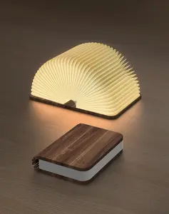 Rechargeable LED Book Lamp with Wood Cover, Compact Book Shape USB Charge LED Lights, Foldable 3-Color Adjustable Portable Creative Desk Lamp for Bedroom, Office, Romantic Gift