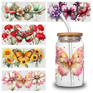 5 Sheets Butterfly Flower uv dtf transfer  Flower Heart Glass Transfer  Decal UV DTF  Vinyl series graffiti sticker