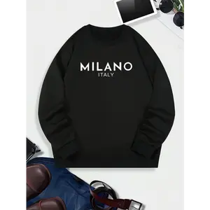 Men'S Milano Italy Printed Sweatshirt, Casual Crew Neck Long Sleeve Top, 100% Polyester Knit Fabric, Loose Fit with Slight Stretch,  Spring Autumn Fashion