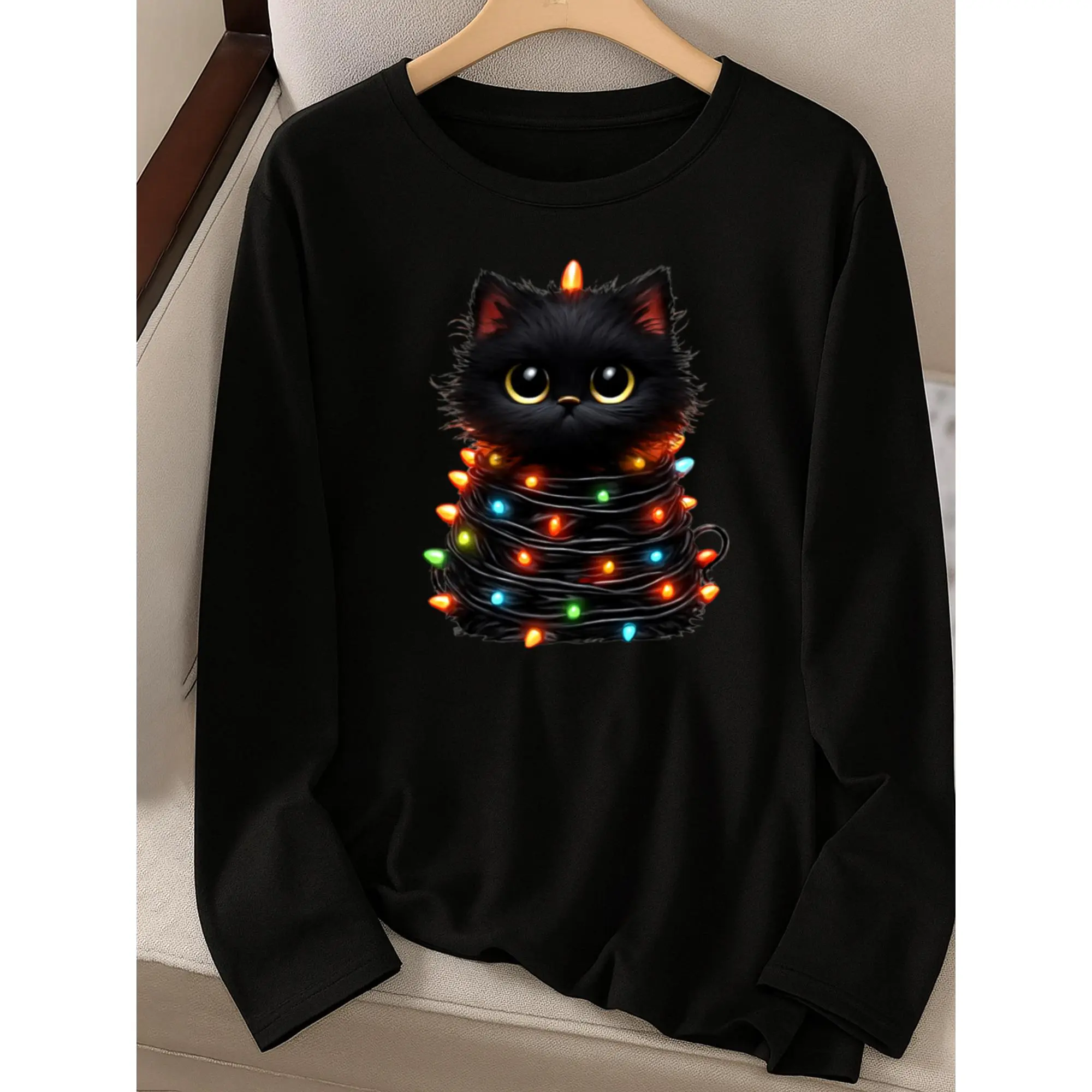 Women's Cotton Comfortable Long-Sleeve Christmas Basics Top - Black Fitted Round Neck Blouse with Festive Colorful Lights, Cartoon Kitten, Geometric Printed Pattern, Casual Fit for Halloween, Holiday & All Seasons (Machine Washable)