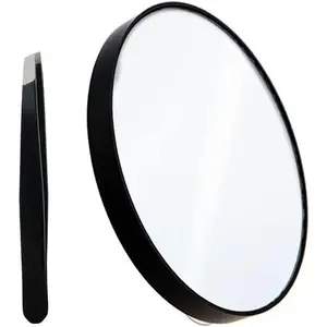 10X Magnifying Makeup Mirror with 1 Tweezers Portable Round Mirror 2 Suction Cups Travel Set for Eyebrow Tweezing Blackhead Blemish Removal Bathroom Magnified Cosmetic Mirror (Diameter 4.3 inches)