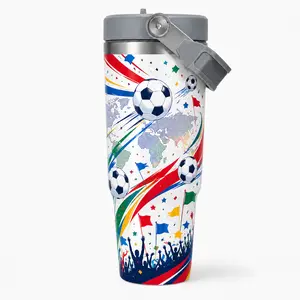 Football Fan Insulated Travel Flask with Lid and Carry Handle, Stainless Steel Vacuum Bottle, Reusable Sports Drinkware for Coffee Tea Water and Cold Drinks, Match Day Gift for Men Women