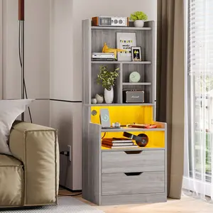 LED Tall Nightstand with Bookshelf Charging Station Grey