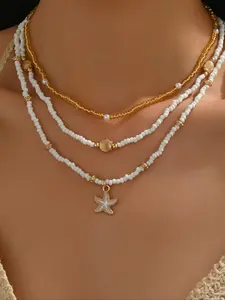 Women's Fashion Turtle Neck Necklace, Summer Beach Vacation Shell Starfish Pendant Bead String Necklace, Simple Style Imitation Pearl Inlaid Golden Bead Multi-layer Stackable Necklace Set, Faux Pearl Jewelry