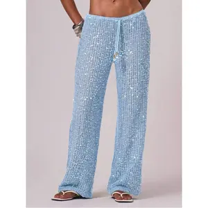 2026Musella Resort Women Ibiza Boho Crochet Pants Sequined Wide Leg Beach Cover Up Summer Vacation Festival Outfit