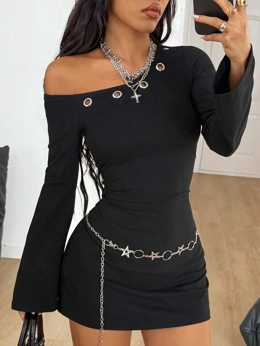 HERZLICHT Blackness Autumn Goth Club Winter Streetwear Music Festival Grunge Y2K Punk Stretchy Grommet Asymmetrical Neck Off The Shoulder Mini Dress