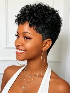 Short Curly Wavy Pixie Cut Human Hair Wig with Bangs for Women