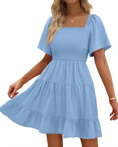 BTFBM Women's Summer Smocked Mini Dress Square Neck Flutter Sleeve Casual Ruffle Flared Swing Boho Beach Dresses Pockets