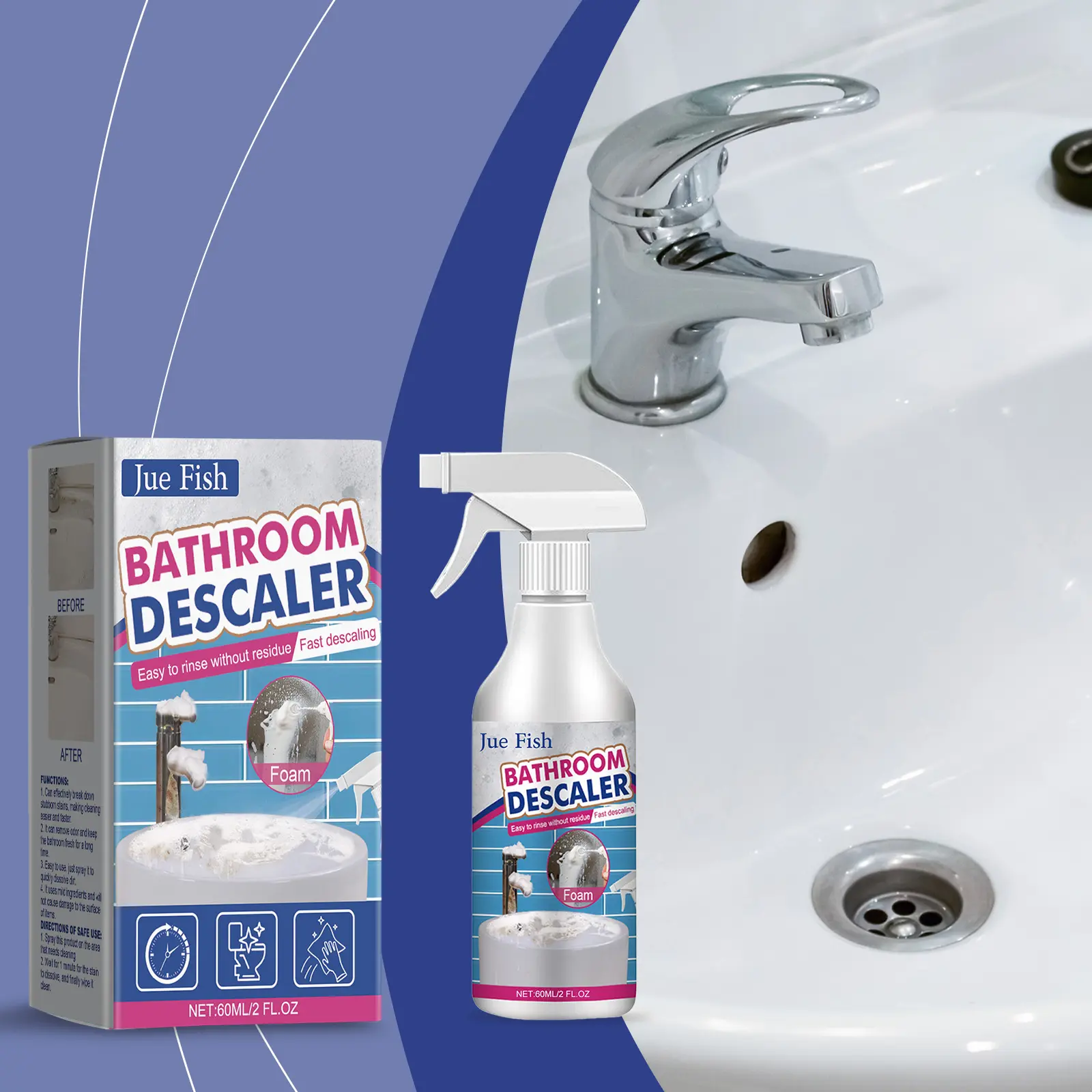 Jue-Fish Bathroom Sink Stainless Steel Cleaner Shower Room Glass Scale Decontaminating Cleaner Bathtub quick clean