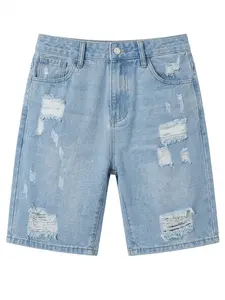 Men’s trendy frayed denim shorts — light blue casual knee-length ripped denim shorts, suitable for everyday wear and vacations Tropical